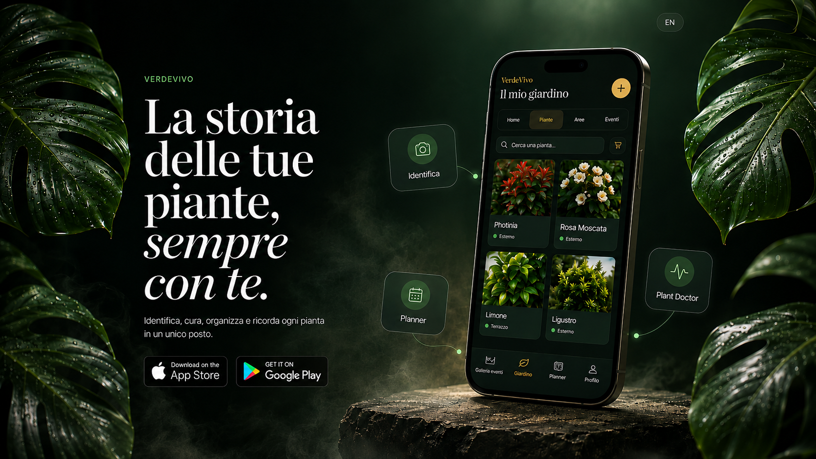 VerdeVivo. La storia delle tue piante, sempre con te. Anteprima dell'app con Identifica, Planner e Plant Doctor.